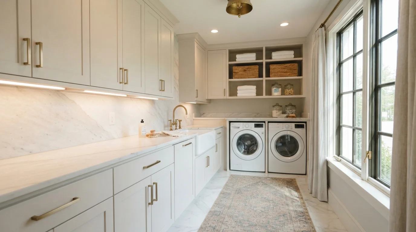 Creamy Linen Laundry — white laundry room painted in City Loft
