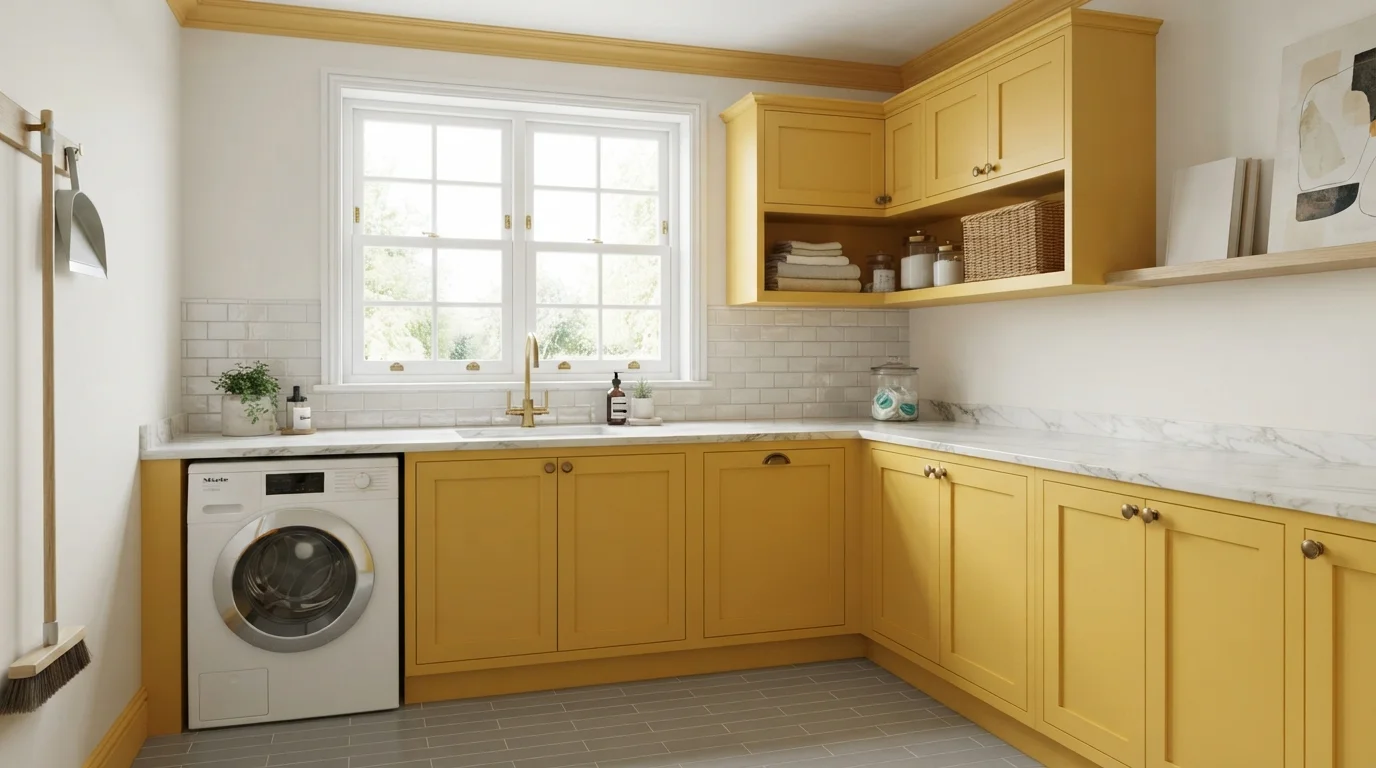 Sunny Mustard Laundry — yellow laundry room painted in Lioness