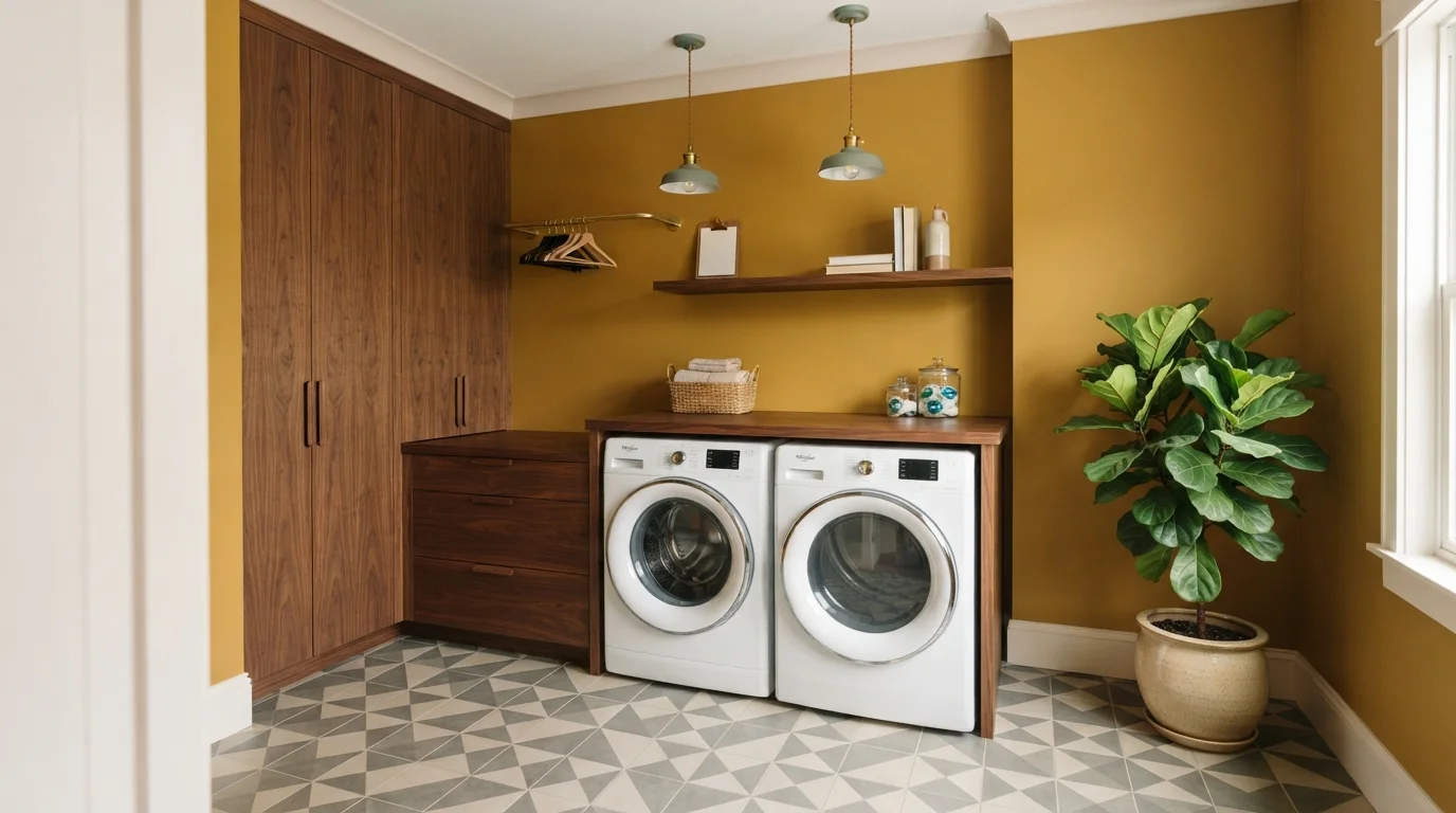 Mustard and Walnut Laundry — yellow laundry room painted in Gothic Gold