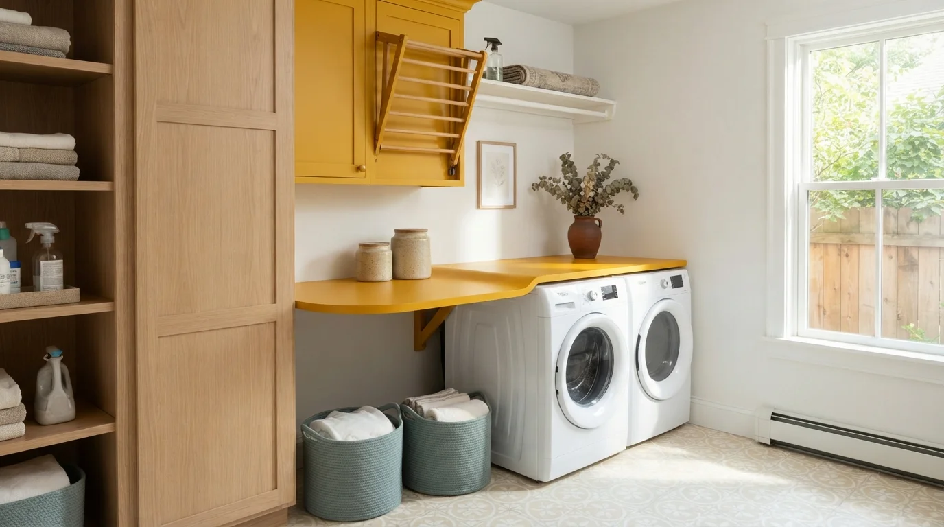Sunny Ochre Laundry — yellow laundry room painted in Wedding White