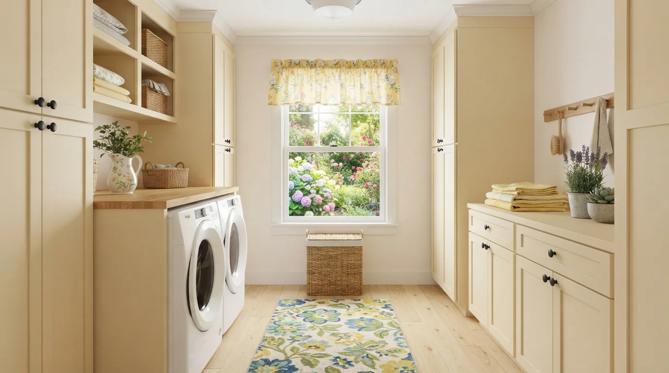 Buttercream Cottage Laundry — yellow laundry room painted in Edwardian Lace