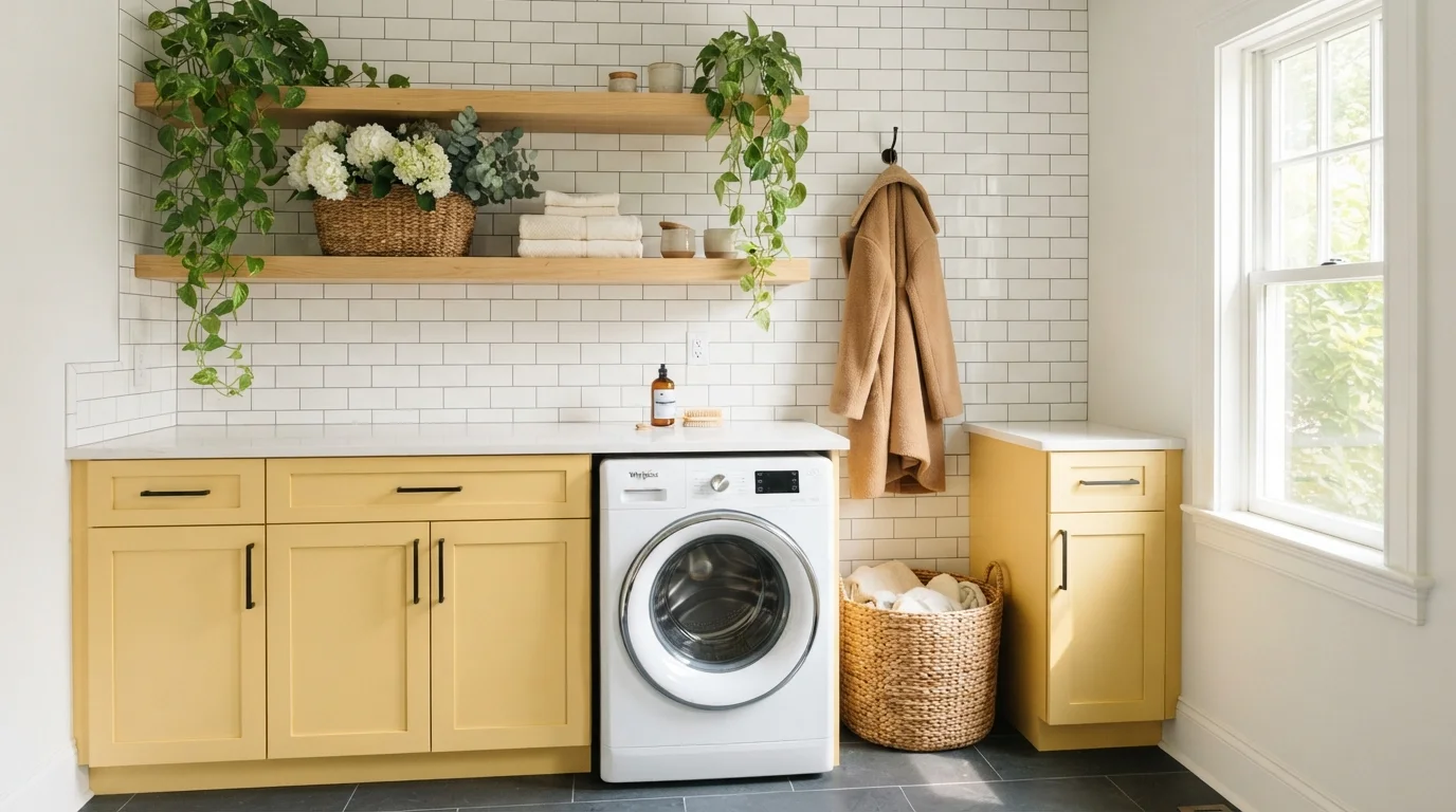 Sunny Buttercup Cottage Laundry — yellow laundry room painted in Quilt Gold