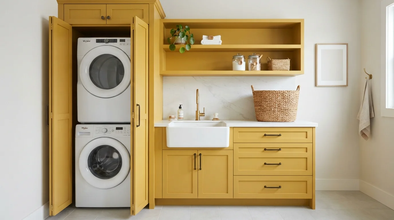 Mustard Laundry Nook — yellow laundry room painted in Aesthetic White