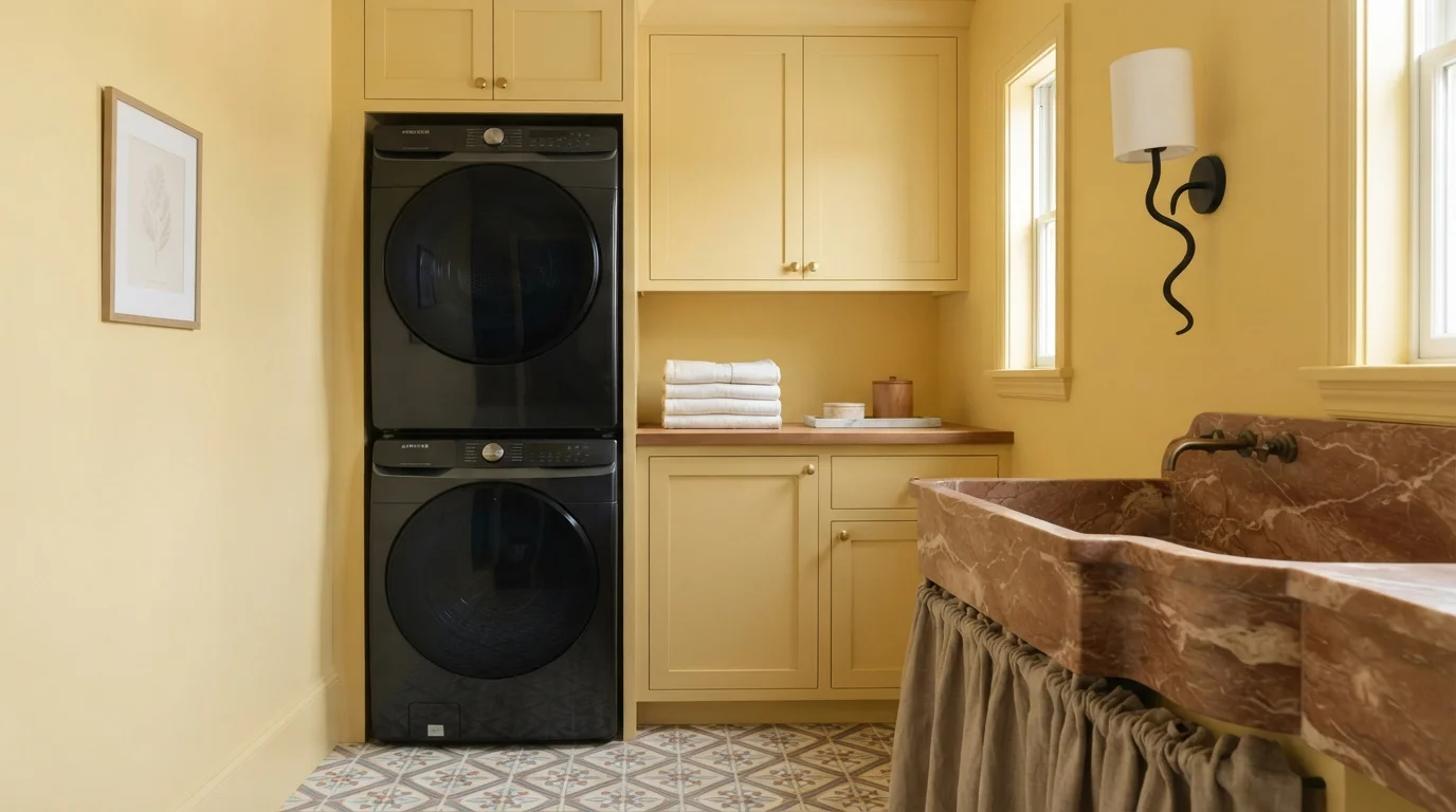 Custard Yellow Utility Nook — yellow laundry room painted in Lemon Surprise