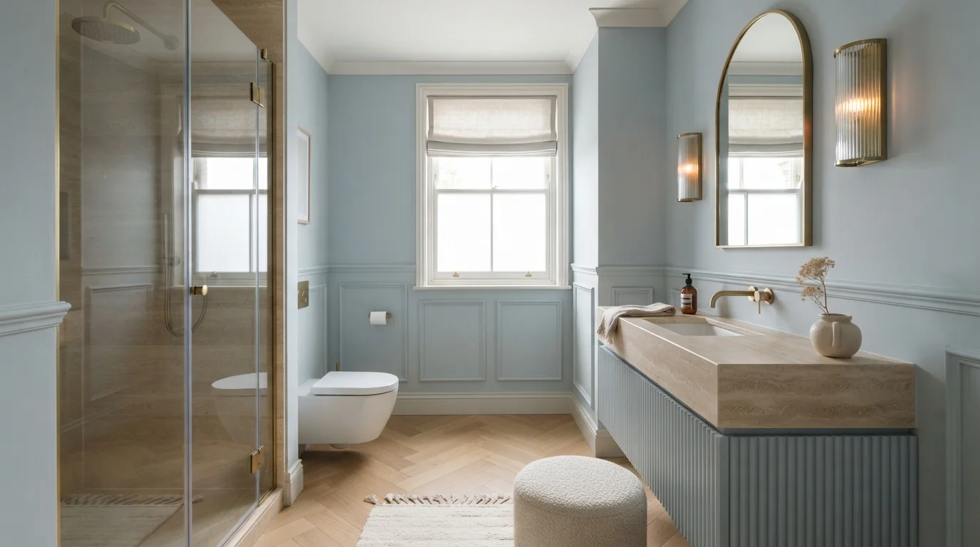 Powder Blue Oasis — light blue bathroom painted in Serenata