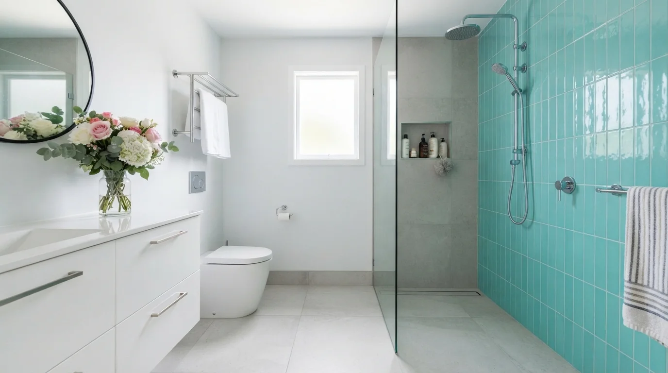Seafoam Spa Refresh — light blue bathroom painted in White Glove