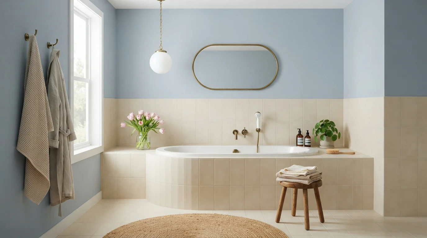 Powder Blue Sanctuary — light blue bathroom painted in Palisade Blue