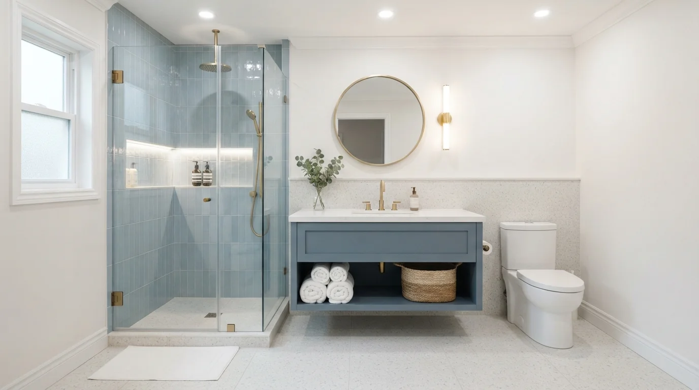Muted Slate Blue — light blue bathroom painted in Royal Gray