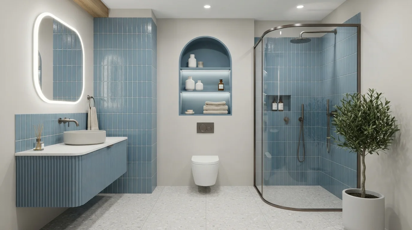 Muted Horizon Retreat — light blue bathroom painted in Summer Gray