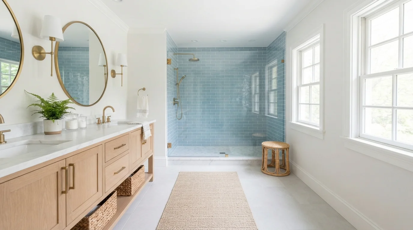 Coastal Breeze Bath — light blue bathroom painted in Lace Veil
