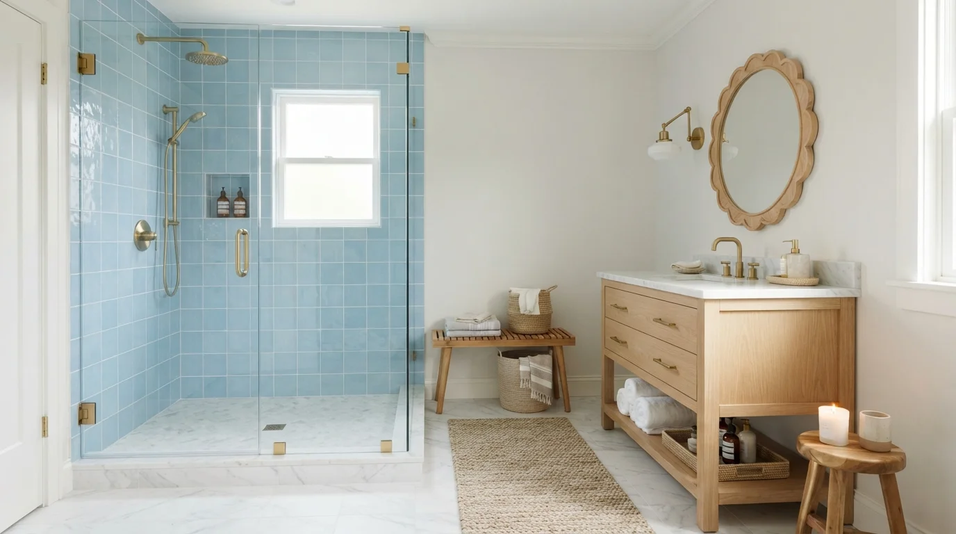 Coastal Sky Serenity — light blue bathroom painted in Cameo White