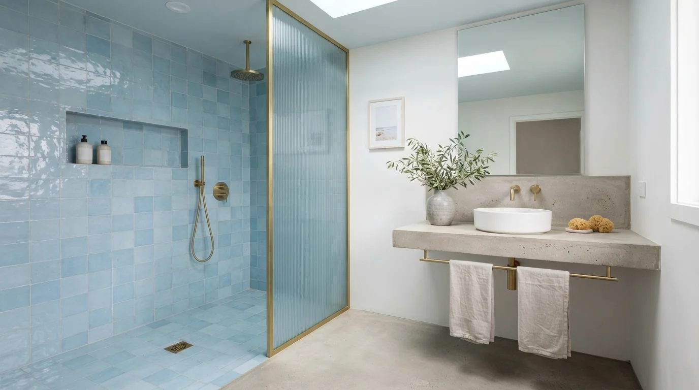 Breezy Seaside Sanctuary — light blue bathroom painted in City Lights