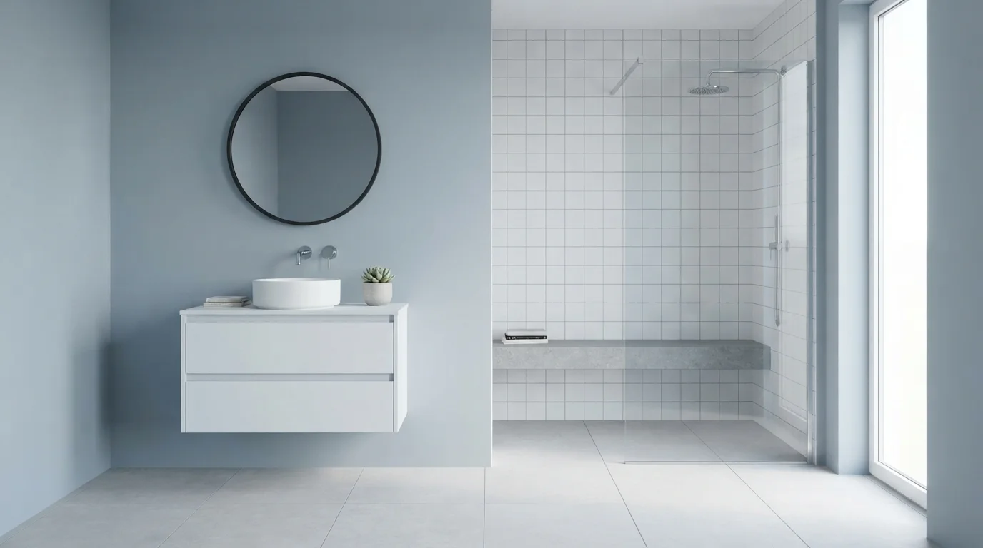 Sky Blue Serenity — light blue bathroom painted in Palisade Blue