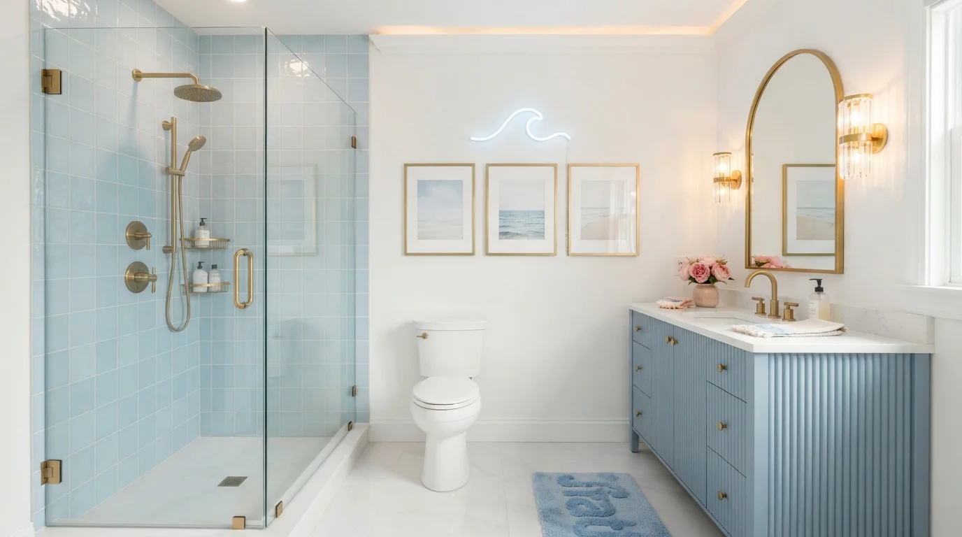 Coastal Powder Blue Glam — light blue bathroom painted in All White