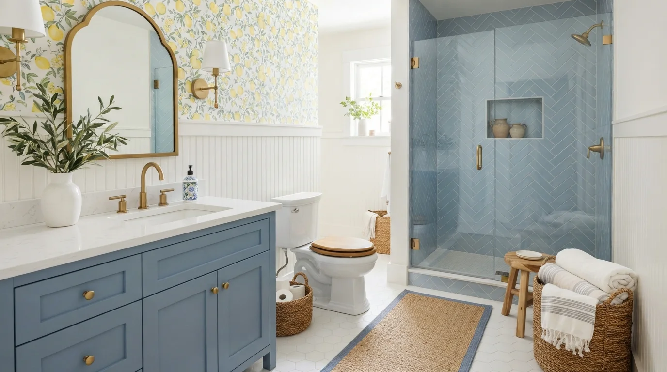 Breezy Lemon Cottage — light blue bathroom painted in Walden Pond