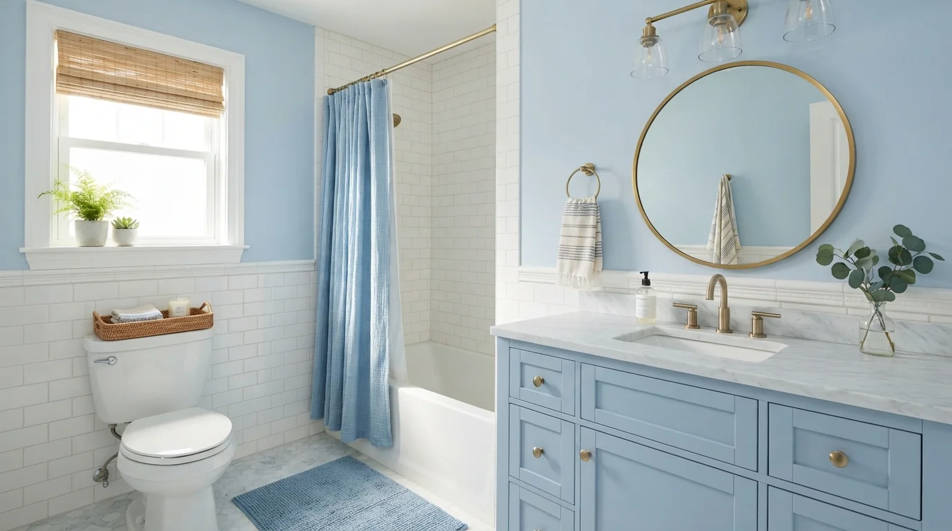 Coastal Sky Blue Bathroom — light blue bathroom painted in Sapphire Ice