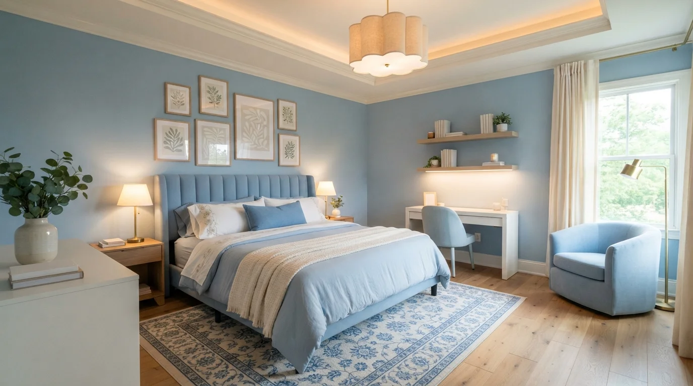 Powder Blue Sanctuary — light blue bedroom painted in Blue Bayou