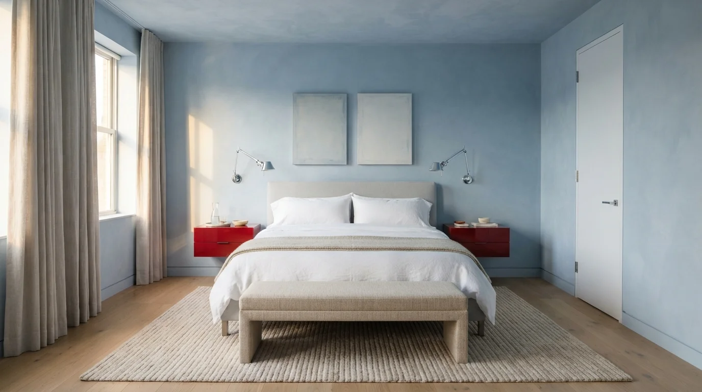 Breezy Powder Blue — light blue bedroom painted in Blue Suede
