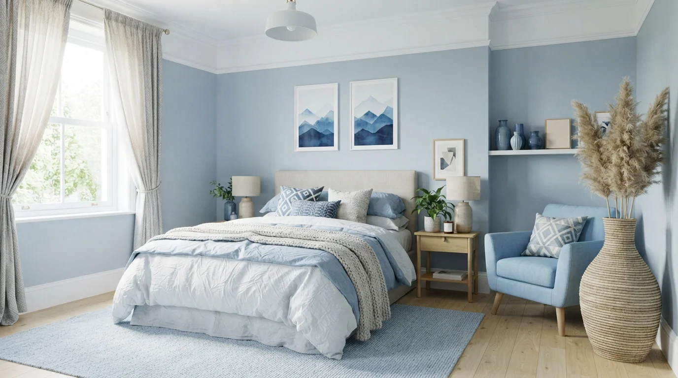Powder Blue Oasis — light blue bedroom painted in Blue Bows