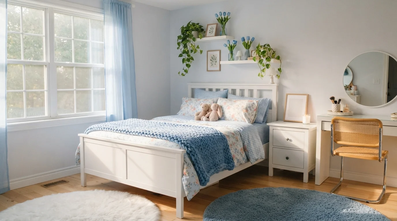 Sky Blue Cottagecore — light blue bedroom painted in Distant Windchime