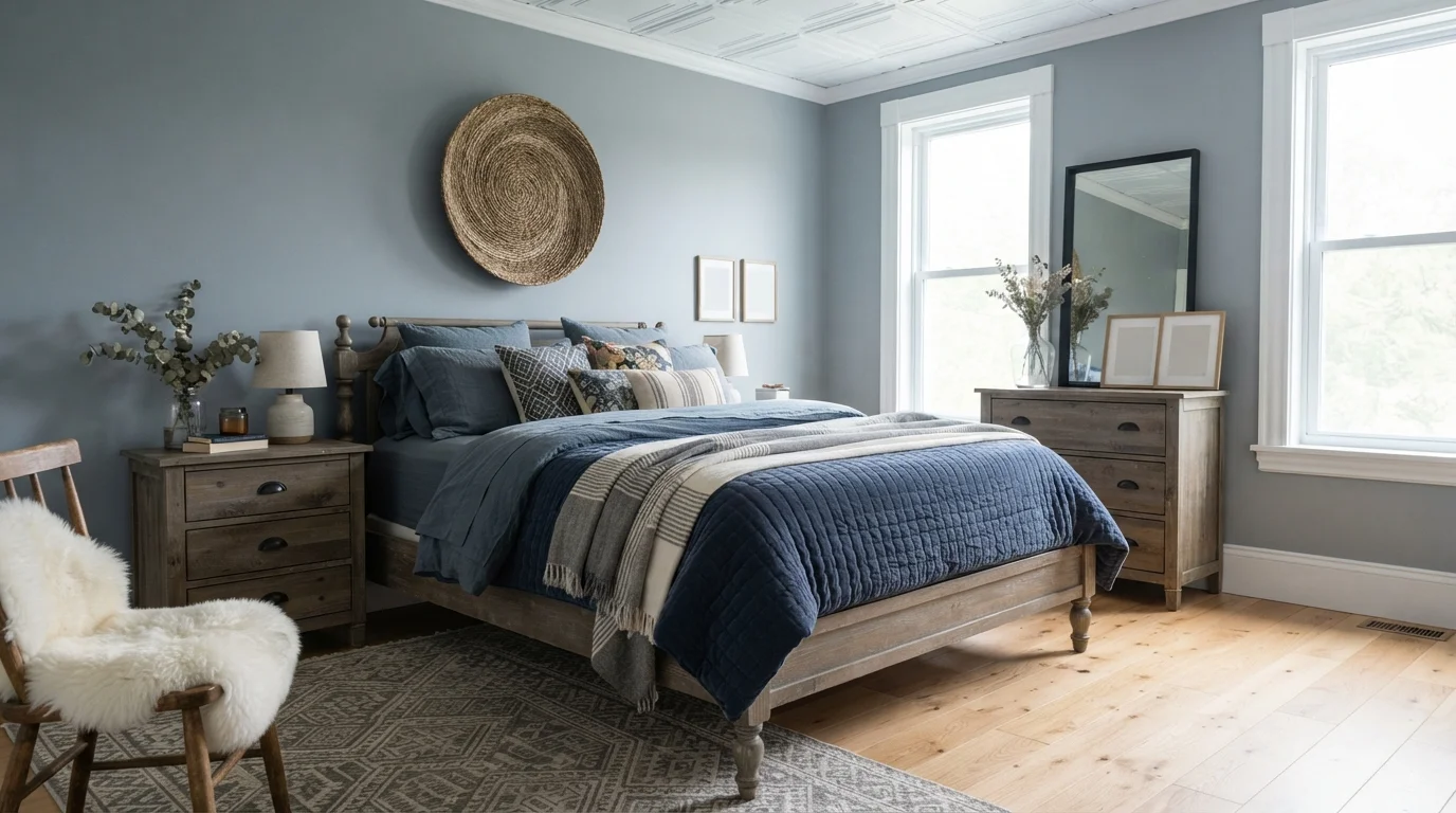 Muted Slate Retreat — light blue bedroom painted in Lost At Sea