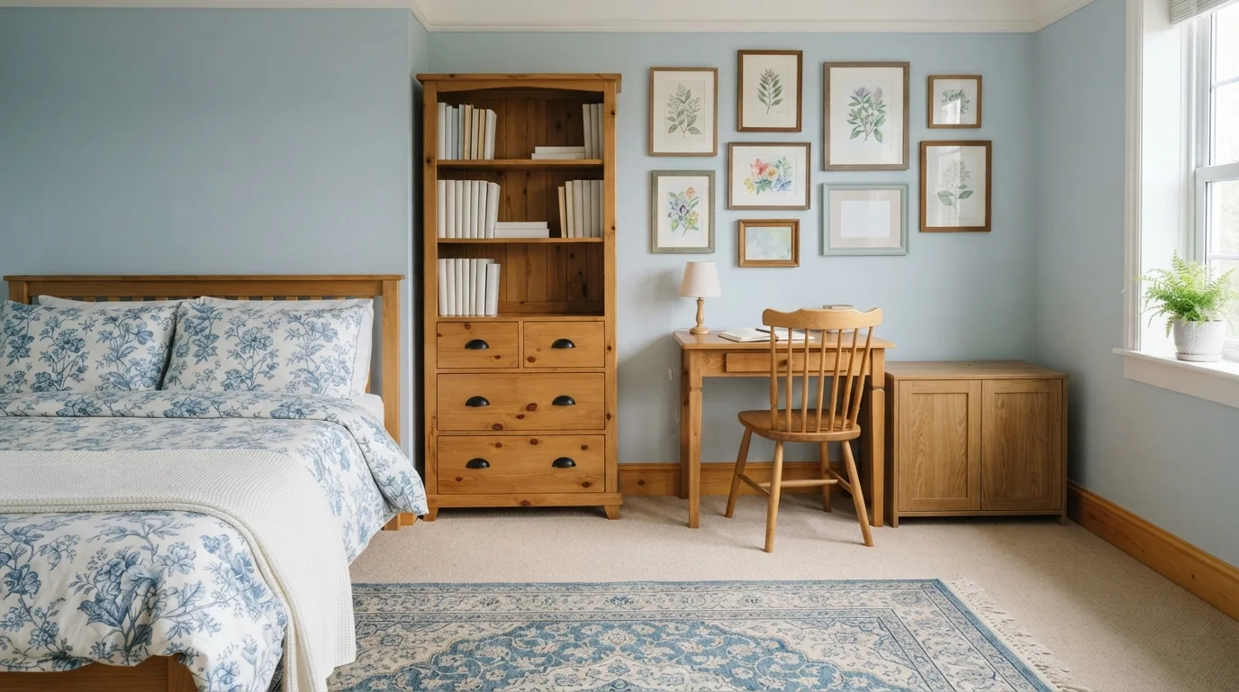 Vintage Sky Blue Bedroom — light blue bedroom painted in Floating Blue