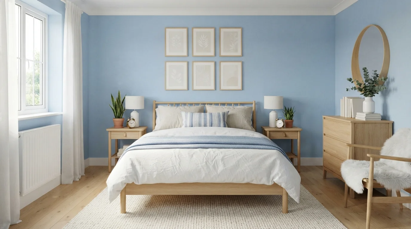 Breezy Sky Blue Bedroom — light blue bedroom painted in Blue Magpie