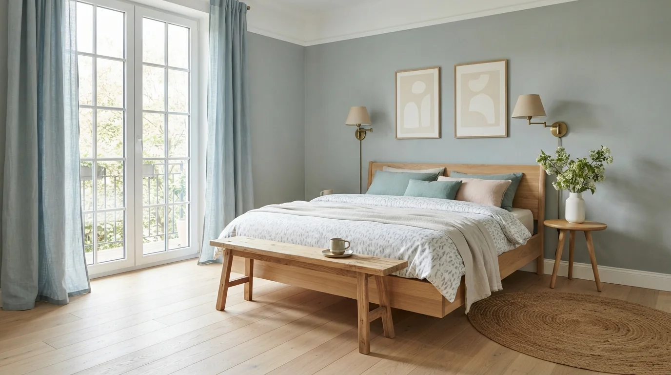 Soft Sage Retreat — light blue bedroom painted in Patina