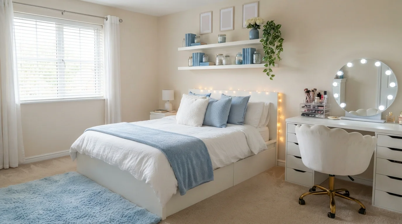 Pastel Blue Serenity — light blue bedroom painted in Irish Cream