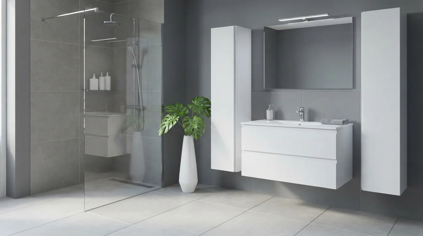 Cool Minimalist Slate — light gray bathroom painted in Draw Your Sword