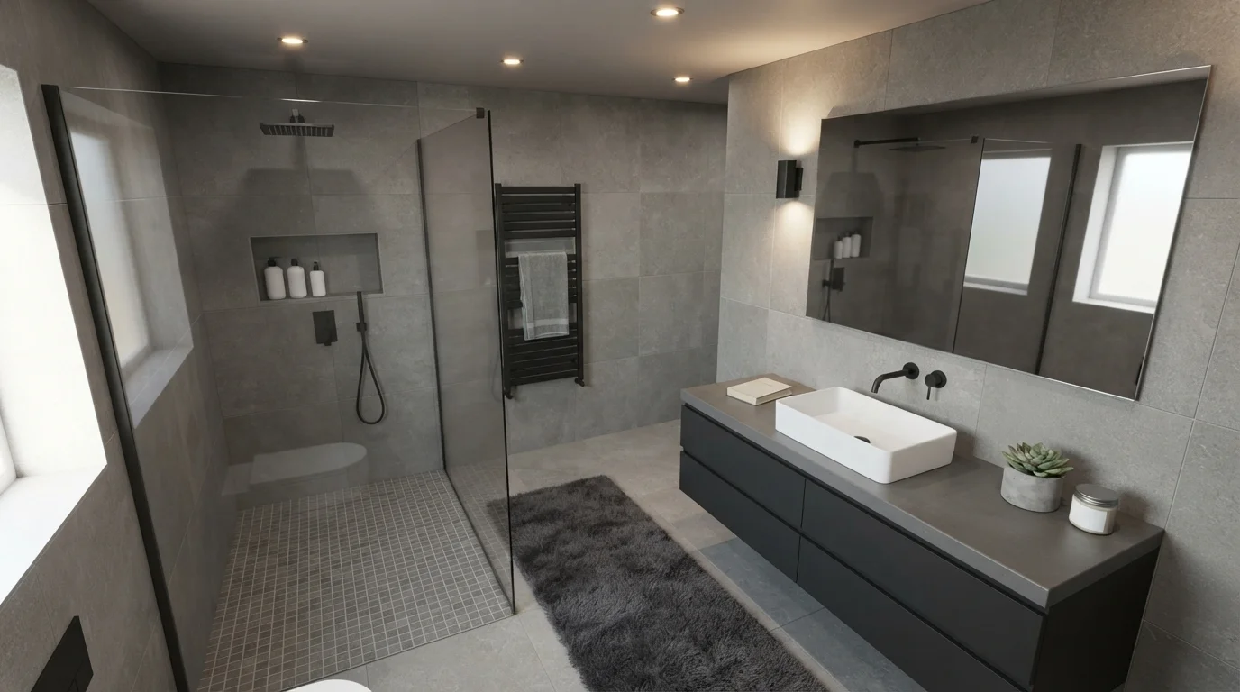 Charcoal Spa Minimal — light gray bathroom painted in Mopboard Black
