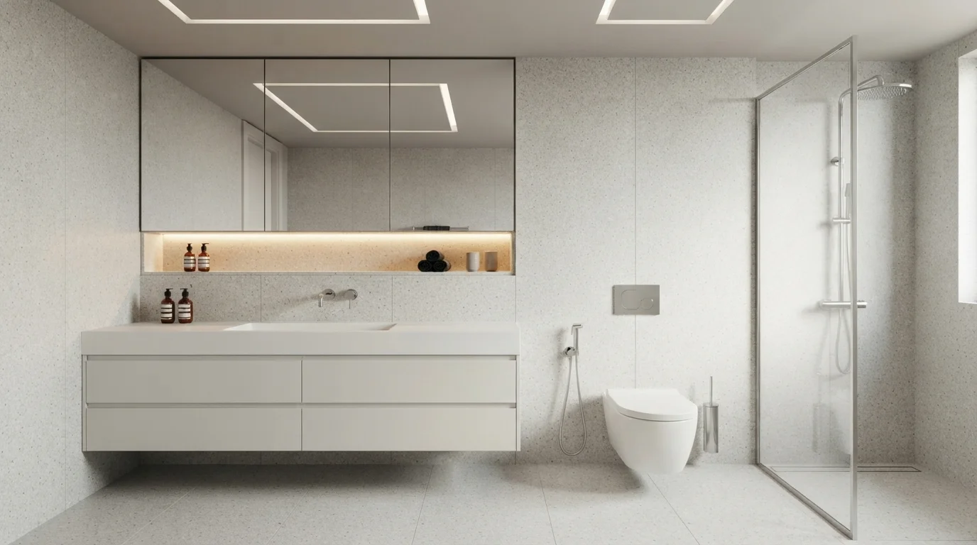 Crisp Terrazzo Zen — light gray bathroom painted in White Sail