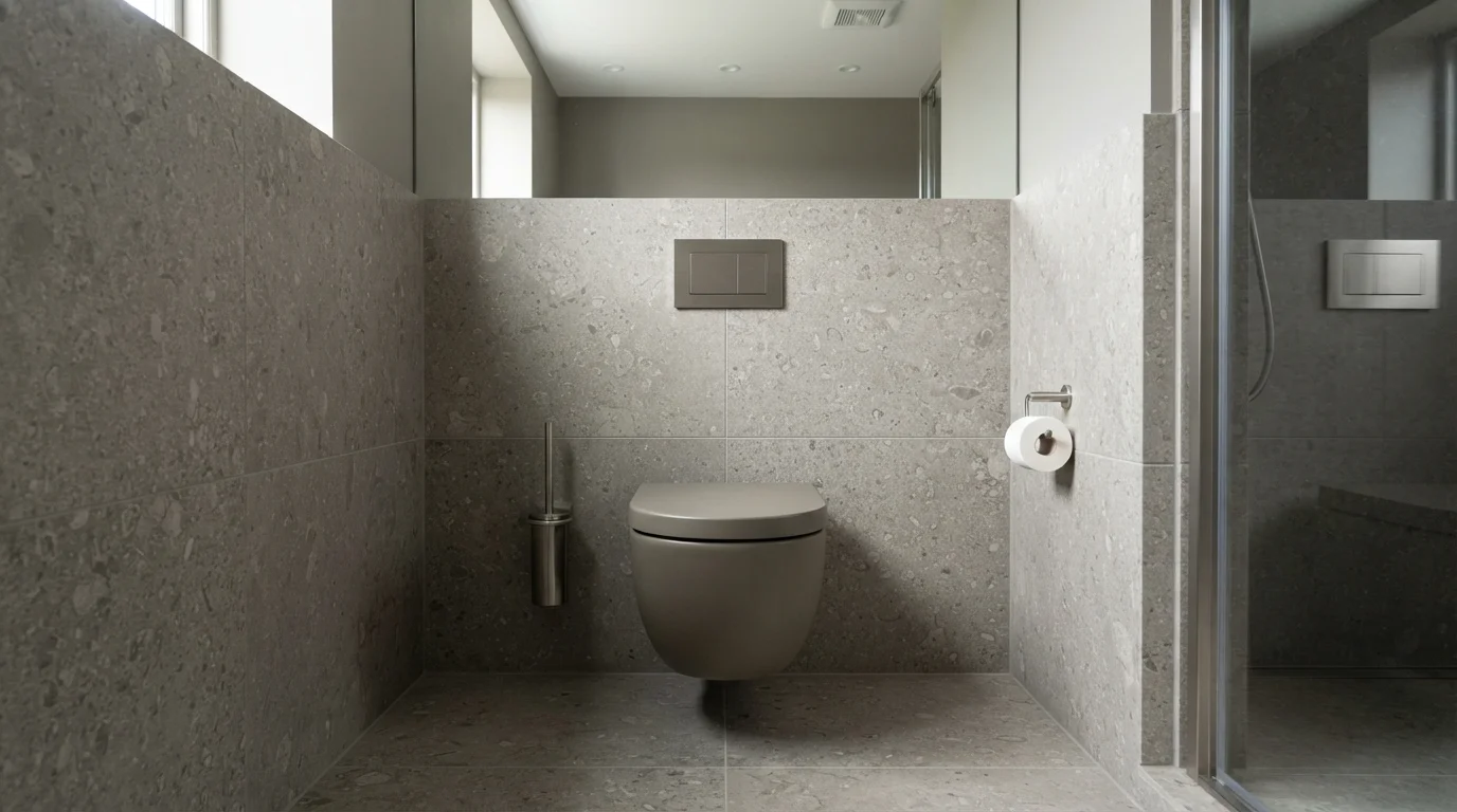 Minimalist Stone Grey — light gray bathroom painted in Mole's Breath