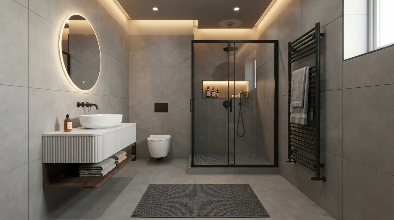 Moody Slate Sanctuary — light gray bathroom painted in Water Tower