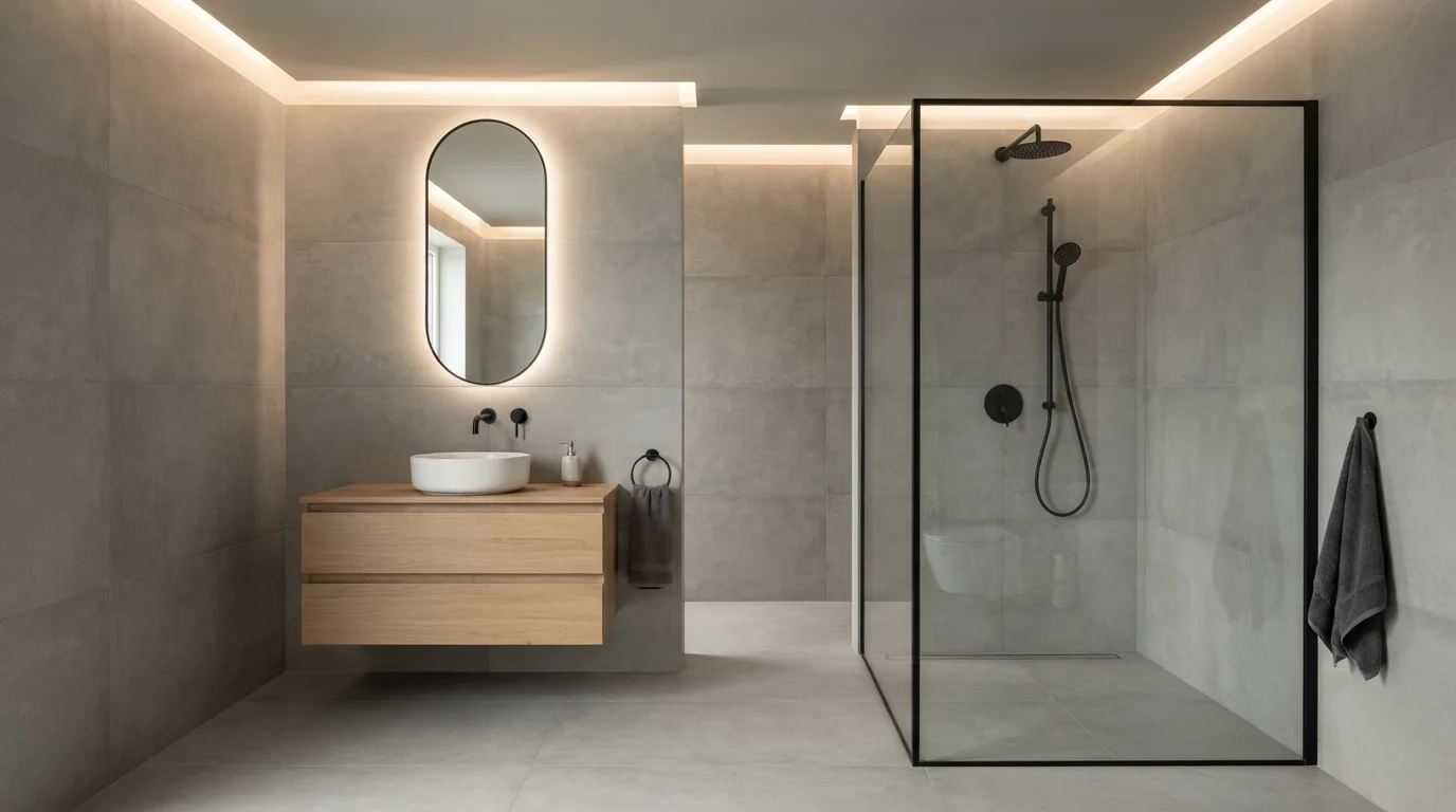 Modern Stone Minimalism — light gray bathroom painted in Eastern Lighthouse