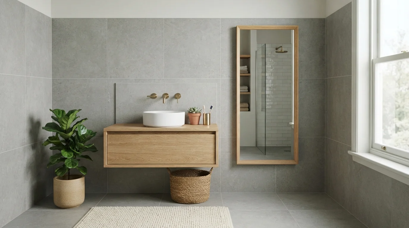 Earthy Modern Spa — light gray bathroom painted in Felicity