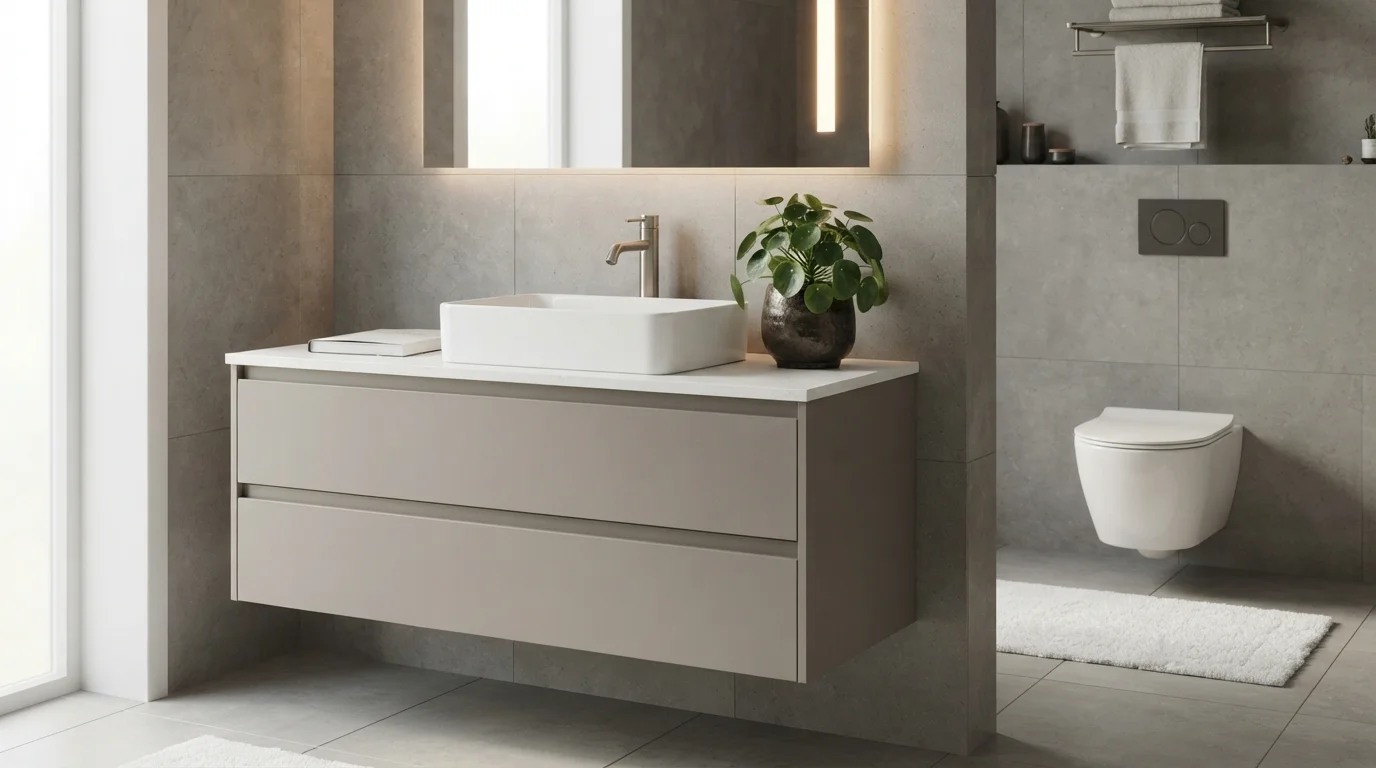 Warm Taupe Sanctuary — light gray bathroom painted in Elephant Ear
