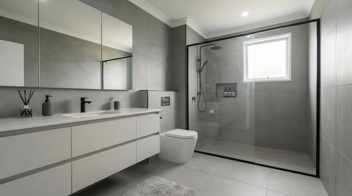 Crisp Minimalist Charcoal — light gray bathroom painted in Quartz Stone