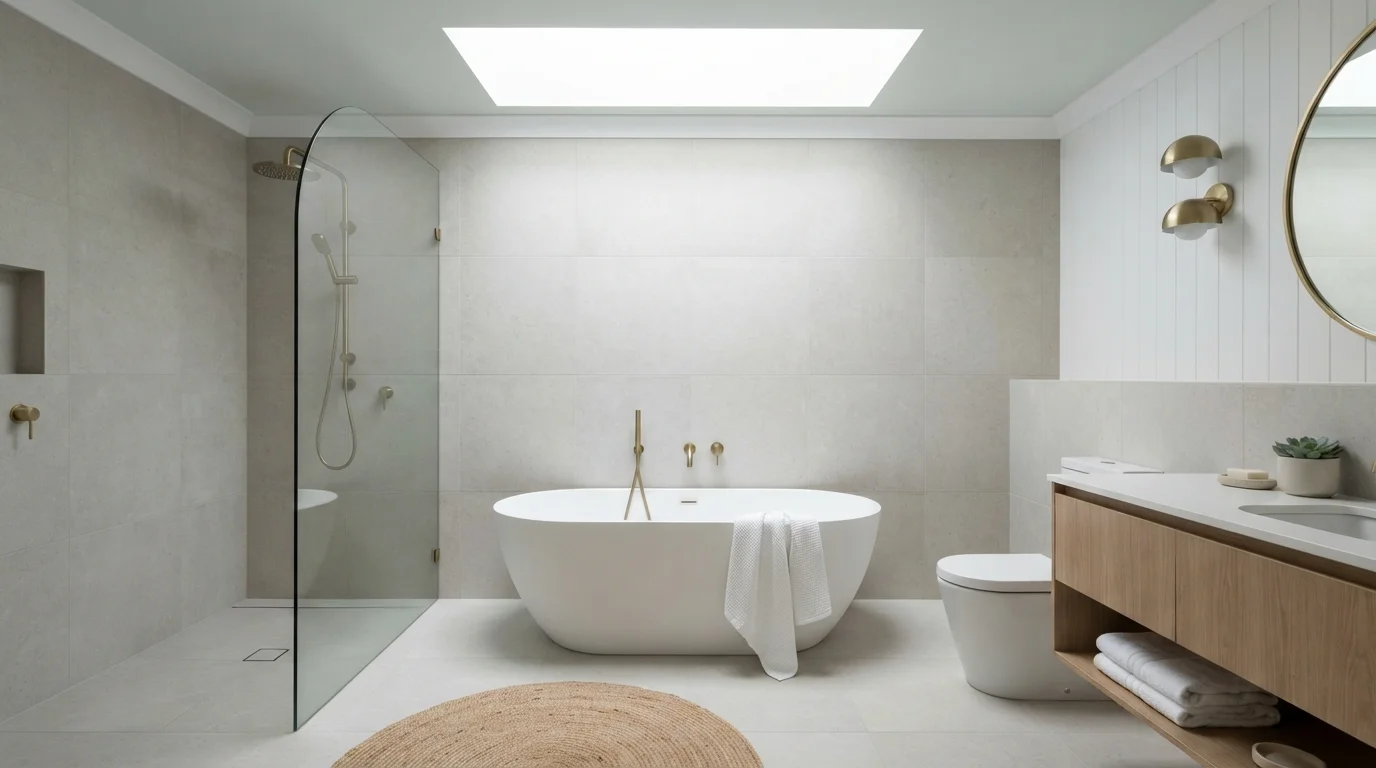 Minimalist Spa Retreat — light gray bathroom painted in Melting Glacier