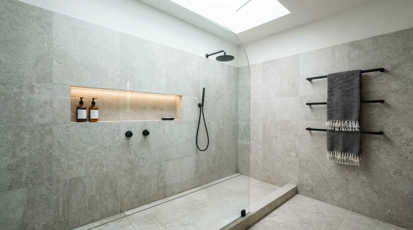 Minimalist Stone Sanctuary — light gray bathroom painted in Lighthouse
