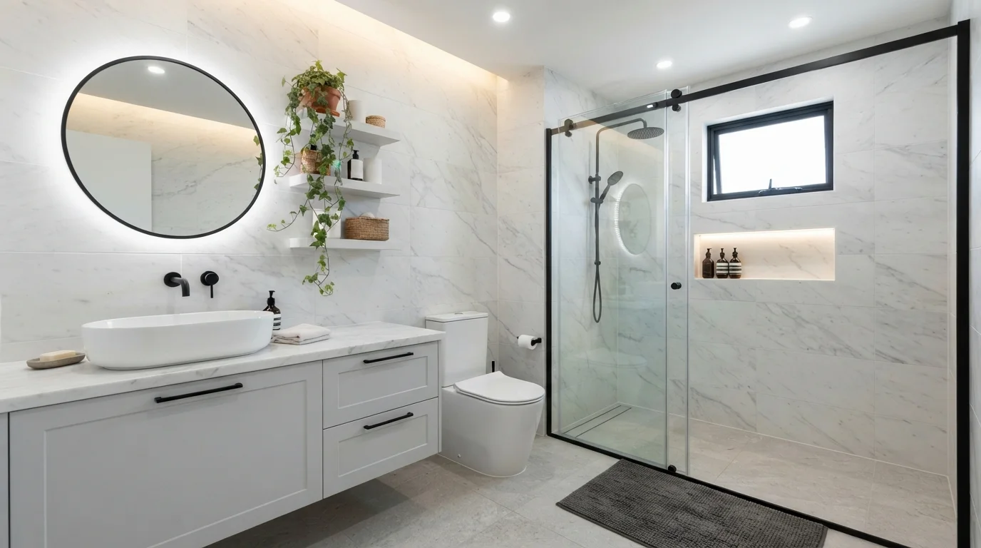 Modern Marble Oasis — light gray bathroom painted in Arctic Dawn