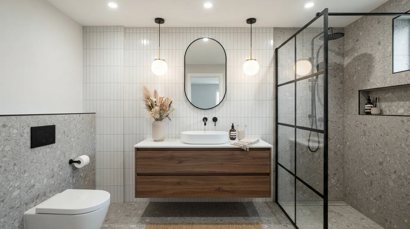 Nordic Stone Serenity — light gray bathroom painted in Snowbank