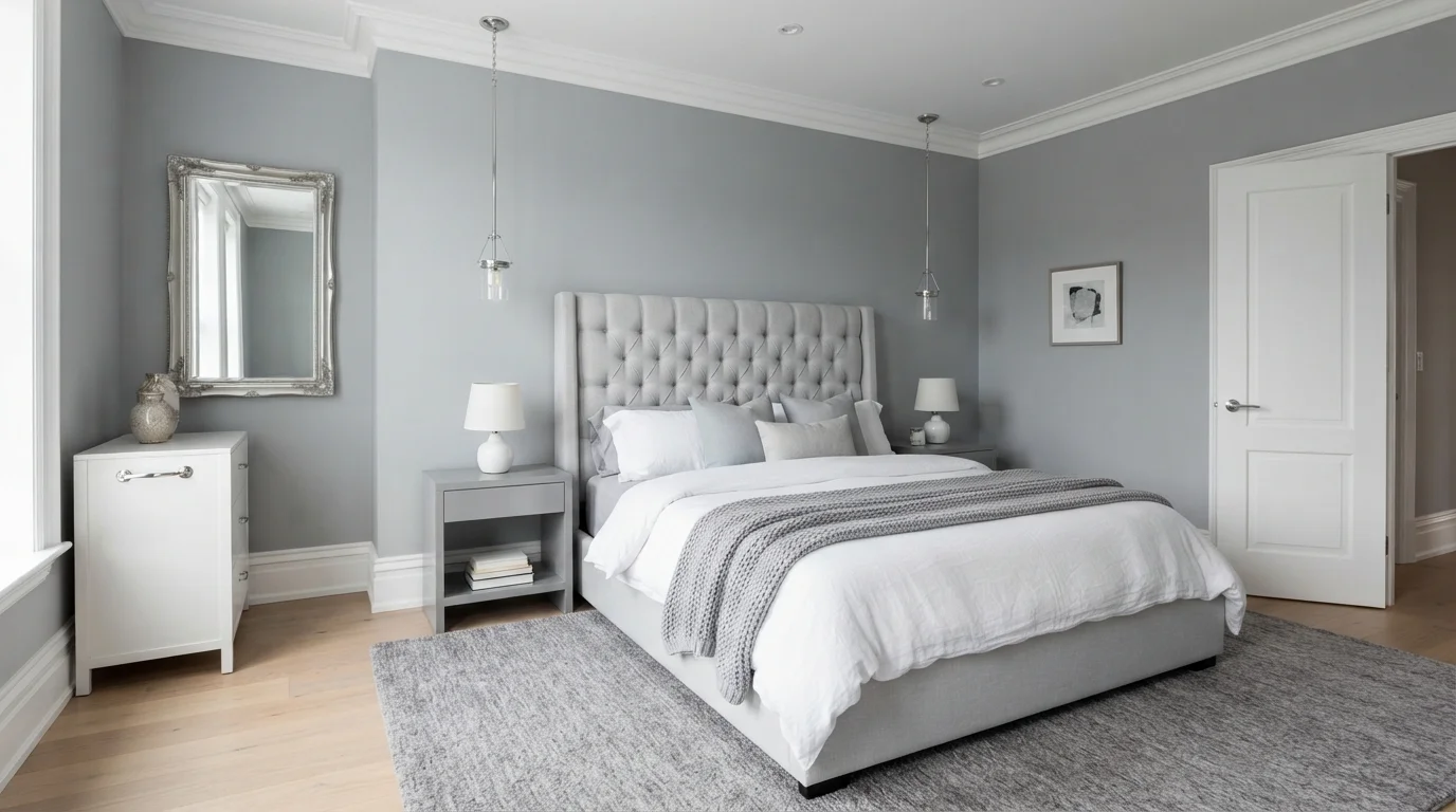 Cool Monochromatic Haven — light gray bedroom painted in Train