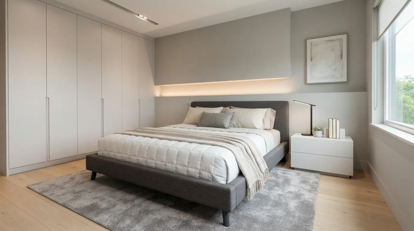 Minimalist Greige Sanctuary — light gray bedroom painted in Rocky Bluffs
