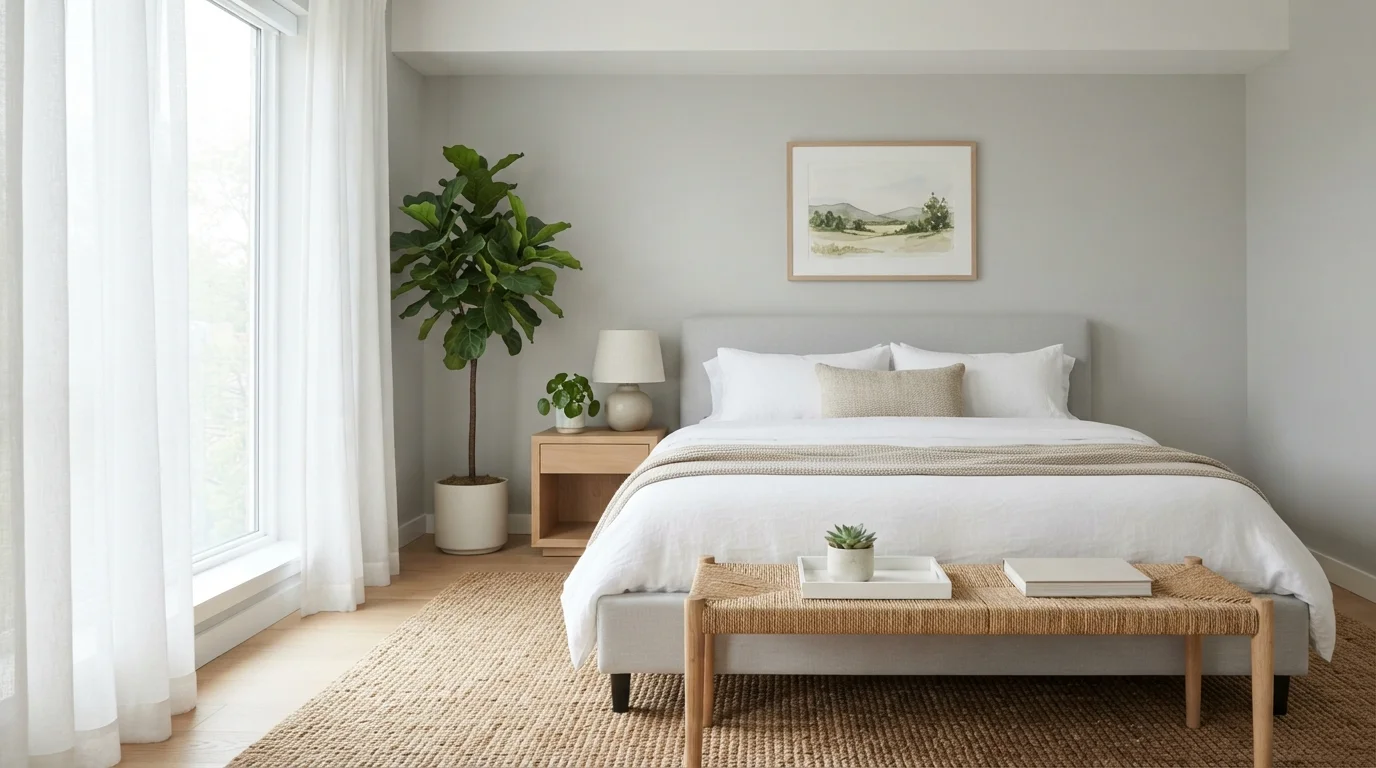 Serene Mist Bedroom — light gray bedroom painted in Silver Chain