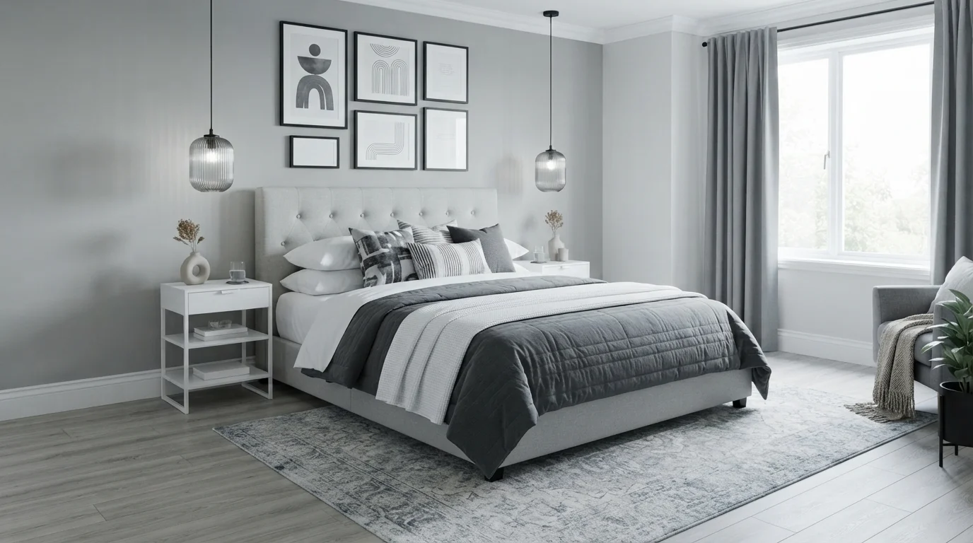 Monochrome Dove Grey — light gray bedroom painted in Lunar Surface