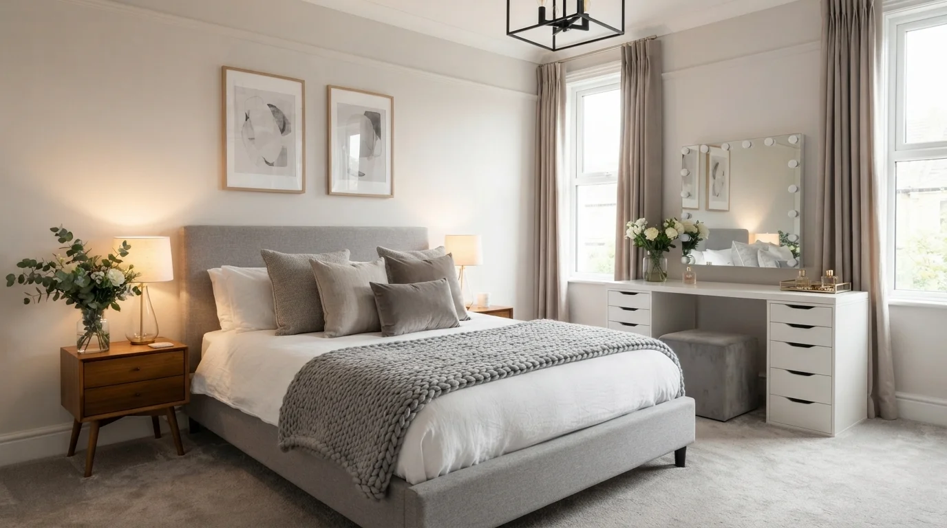 Serene Velvet Neutral — light gray bedroom painted in Venetian Marble