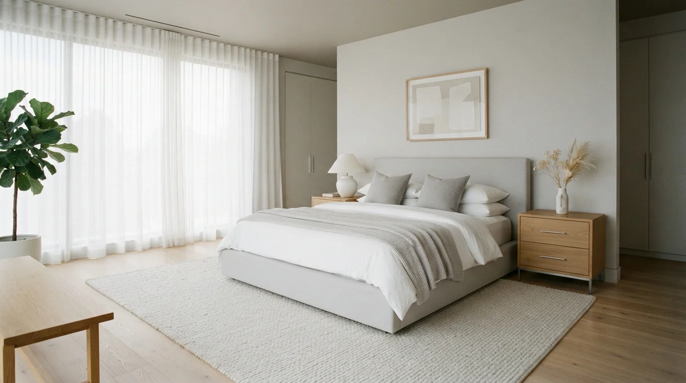 Soft Minimalist Haven — light gray bedroom painted in Old Grey Mare