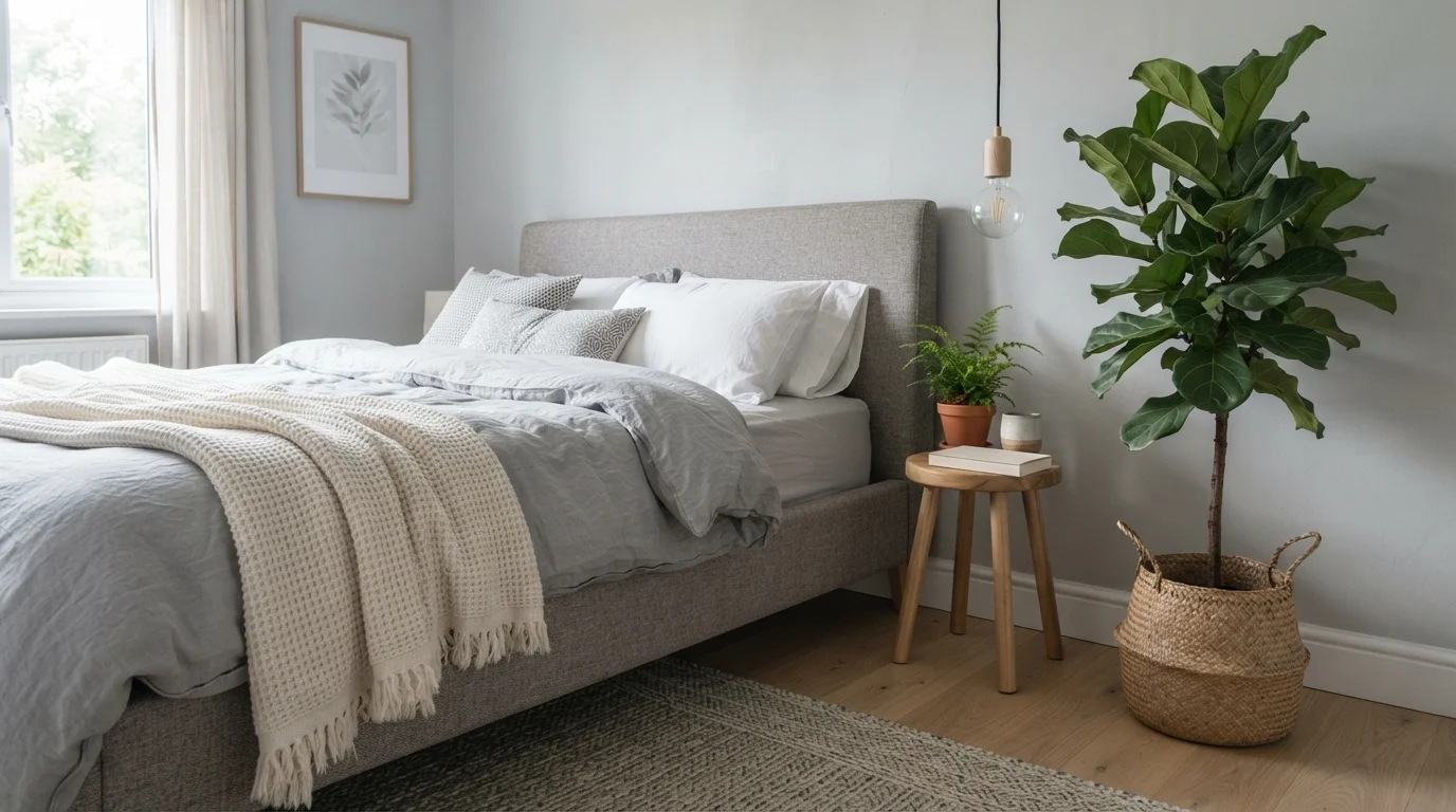 Soft Gray Sanctuary — light gray bedroom painted in Soft Feather Grey