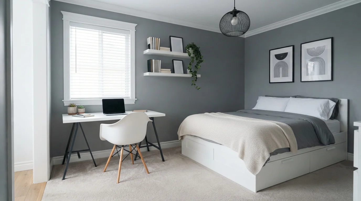 Slate Gray Minimalist — light gray bedroom painted in Set In Stone